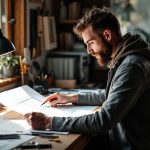 une-personne-examinant-des-plans-de-renovation-a-un-bureau-entouree-de-croquis-architecturaux-et-doutils-dans-une-lumiere-naturelle-qui-entre-par-la-fenetre