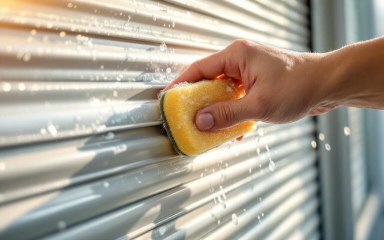 Main nettoyant les lamelles d'un volet roulant avec une éponge douce, mousse et gouttes d'eau visibles, lumière matinale chaleureuse filtrant en rayons, arrière-plan légèrement flou.