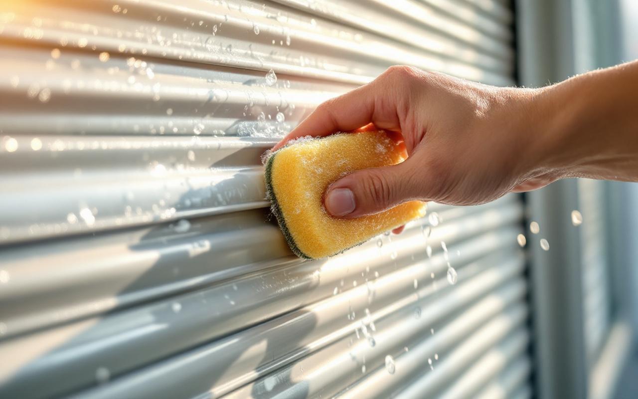 Main nettoyant les lamelles d'un volet roulant avec une éponge douce, mousse et gouttes d'eau visibles, lumière matinale chaleureuse filtrant en rayons, arrière-plan légèrement flou.