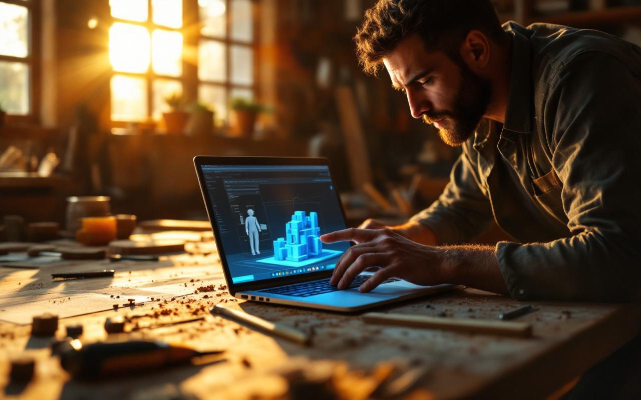 Un menuisier examine un modèle 3D sur son ordinateur portable dans un atelier, debout devant un établi avec des outils et des copeaux de bois, éclairage doré de fin de journée et légère lueur bleutée de l'écran, expression concentrée.
