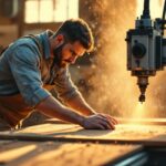 Un menuisier opérant une fraiseuse CNC dans un atelier, ajustant les commandes, avec des copeaux de bois en suspension et une lumière volumétrique chaude de fin d'après-midi, machine métallique et panneaux de bois en arrière-plan.