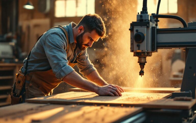 Un menuisier opérant une fraiseuse CNC dans un atelier, ajustant les commandes, avec des copeaux de bois en suspension et une lumière volumétrique chaude de fin d'après-midi, machine métallique et panneaux de bois en arrière-plan.