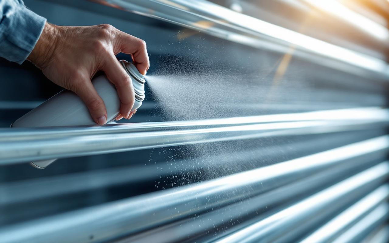 Gros plan d'une main pulvérisant un spray silicone sur les rails métalliques d'un volet roulant, fine brume et film lubrifiant visibles, reflets argentés, lumière naturelle matinale avec légers rayons volumétriques.