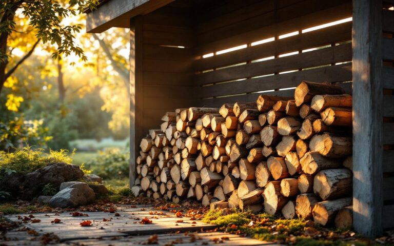 Tas de bûches soigneusement empilées sous un abri de jardin ventilé, lumière douce de coucher de soleil filtrant à travers les lattes, bois vieilli, mousse et feuilles au sol, ambiance calme et chaleureuse.