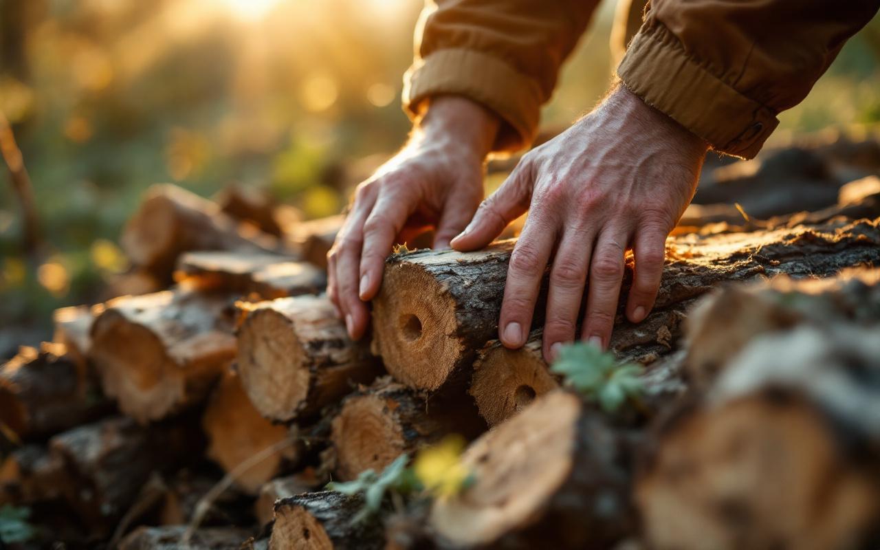 Personne examinant des bûches empilées, mains touchant des trous et de la sciure, lumière dorée du coucher de soleil traversant la scène, ambiance rustique et réaliste