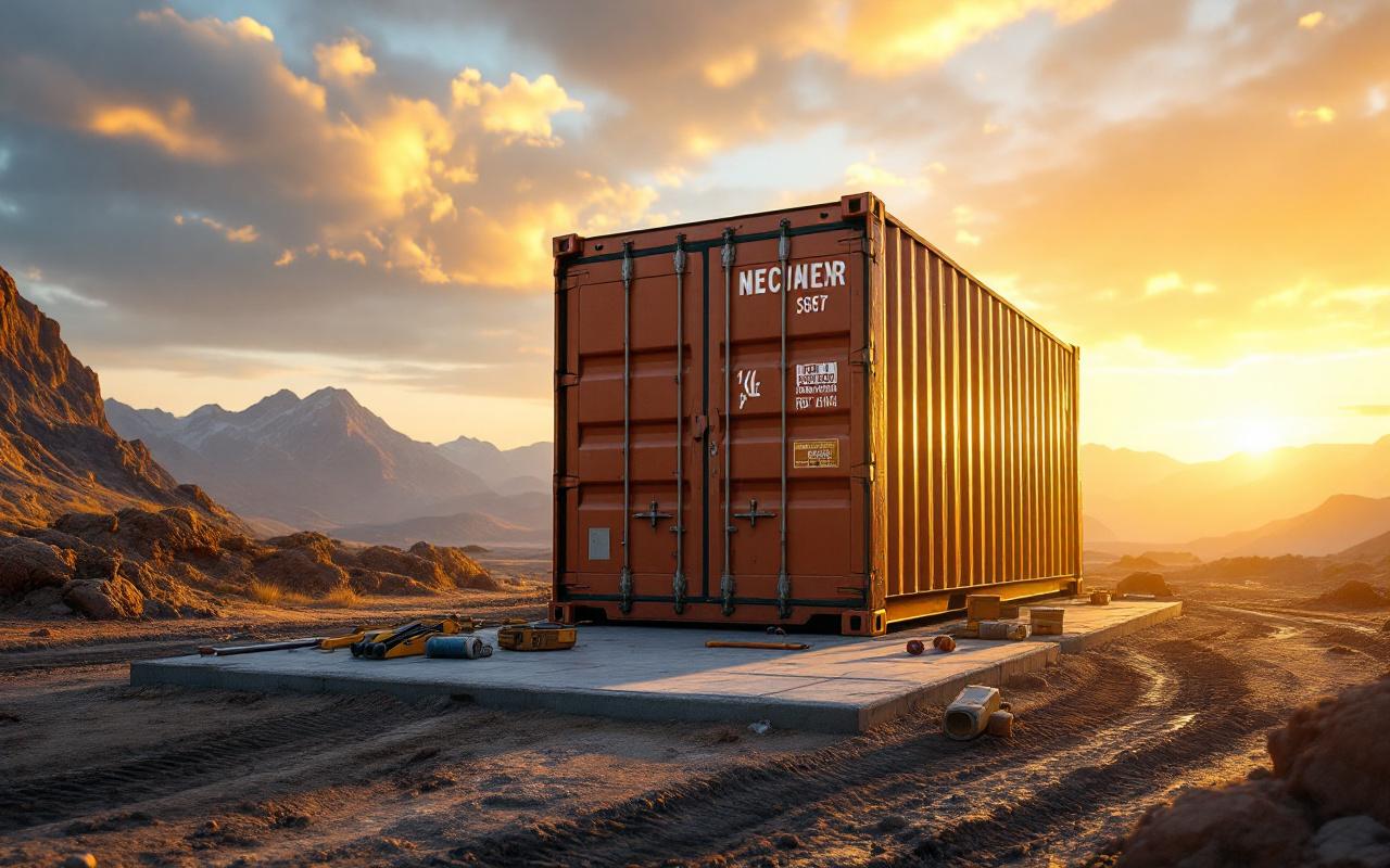 Conteneur sécurisé sur un chantier isolé, posé sur une dalle en béton avec cadenas renforcé, engins et traces de boue autour, montagnes en arrière-plan, éclairage doré de coucher de soleil.