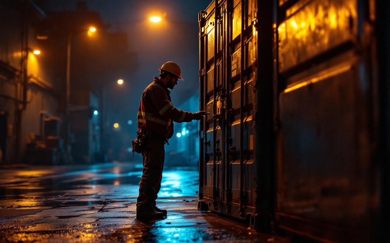 Un ouvrier en tenue de travail verrouille un conteneur de stockage en métal dans une cour industrielle la nuit, éclairé par un lampadaire ambre chaud et une lumière bleue froide, sol humide, atmosphère sombre et volumétrique.