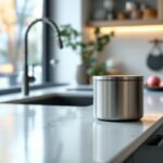 Cuisine contemporaine avec une petite poubelle à compost élégante installée proprement sur le plan de travail, dans une ambiance lumineuse et rangée.