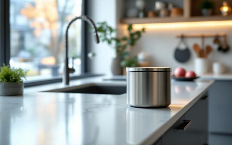 Cuisine contemporaine avec une petite poubelle à compost élégante installée proprement sur le plan de travail, dans une ambiance lumineuse et rangée.