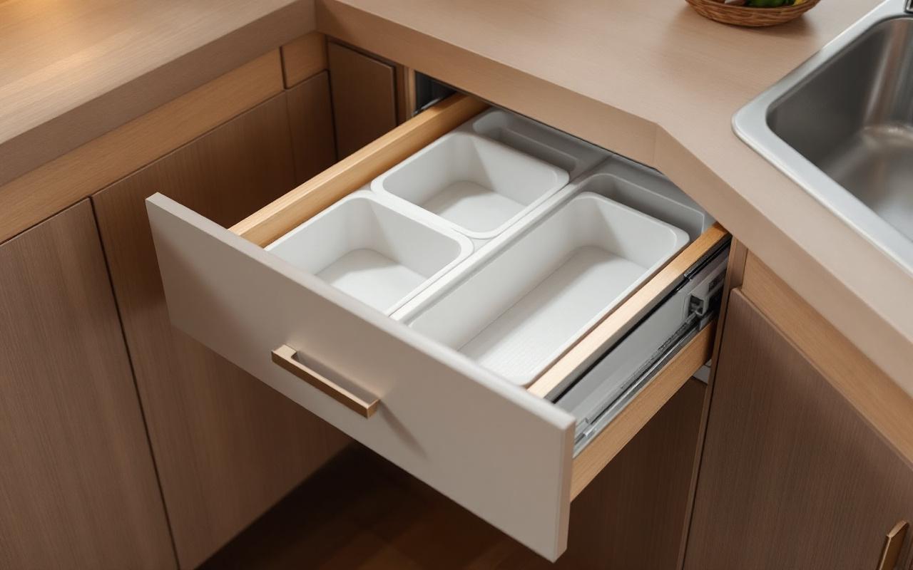 Intérieur d’un meuble sous évier ouvert, avec un bac biodéchets coulissant et un rangement organisé pour le tri, rendu soigné et moderne.