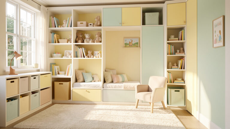 Chambre d’enfant lumineuse et chaleureuse avec rangements intégrés astucieux, un coin lecture confortable et une décoration douce aux tons pastel.
