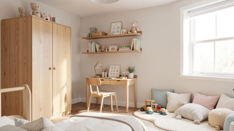 Chambre d’enfant lumineuse et évolutive avec rangements en bois, bureau compact et espace de jeu aménagé.