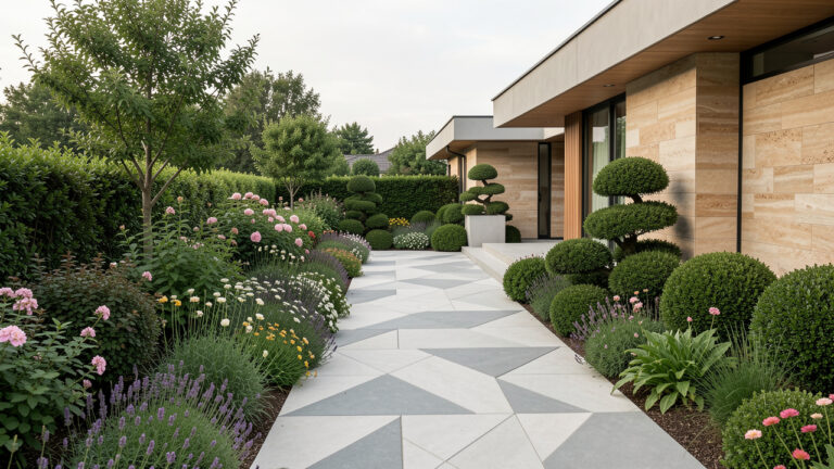 Jardin contemporain soigneusement structuré avec terrasse, allée géométrique, massifs fleuris et arbustes, baigné d’une lumière douce.
