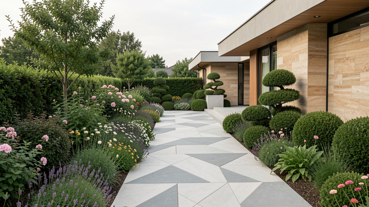 Jardin contemporain soigneusement structuré avec terrasse, allée géométrique, massifs fleuris et arbustes, baigné d’une lumière douce.
