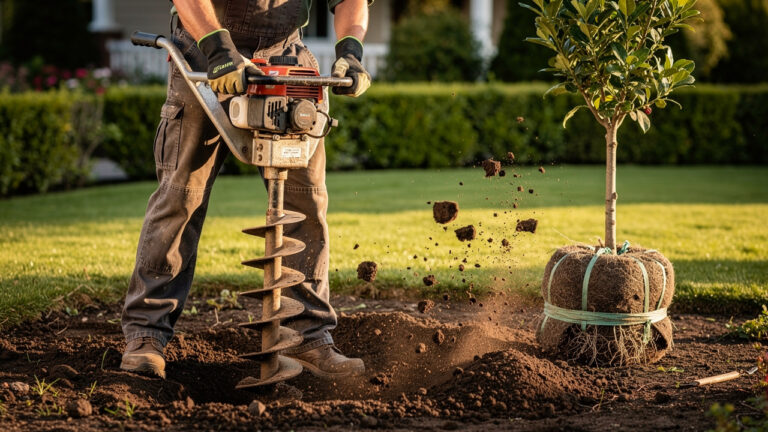 Un jardinier utilise une tarière thermique pour commencer un trou de plantation dans un jardin résidentiel, avec un jeune arbre en motte posé à proximité.