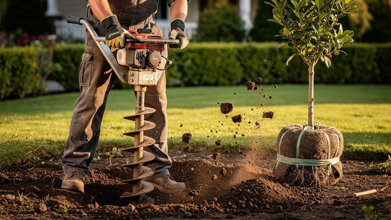 Un jardinier utilise une tarière thermique pour commencer un trou de plantation dans un jardin résidentiel, avec un jeune arbre en motte posé à proximité.