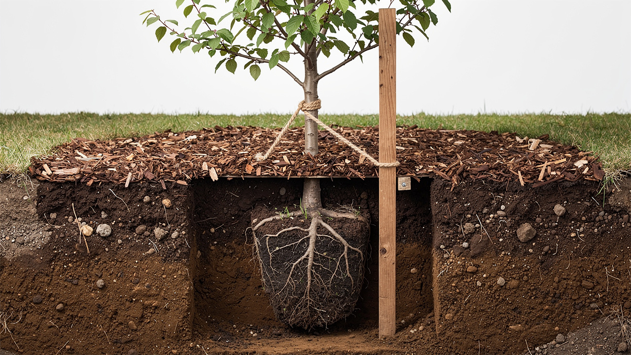 Vue en coupe d’un trou de plantation bien préparé avec motte racinaire, collet au niveau du sol, bords ameublis, tuteur en bois et paillage.