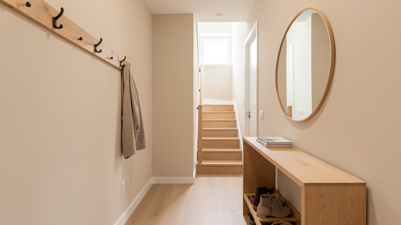 Entrée étroite aménagée avec des rangements compacts et un passage dégagé vers l’escalier.