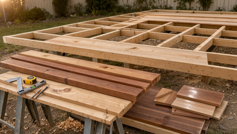 Sélection de lames de bois aux teintes et textures variées présentées près de la structure d’une terrasse en construction.