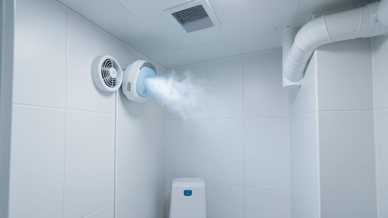 Salle de bains moderne sans fenêtre équipée d’un extracteur mural et d’un déshumidificateur portable pour limiter l’humidité.