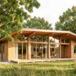 Maison contemporaine à ossature bois dans le Poitou, avec de grandes baies vitrées orientées au sud protégées par un large débord de toiture, entourée d’arbres caducs dans une douce lumière d’été.