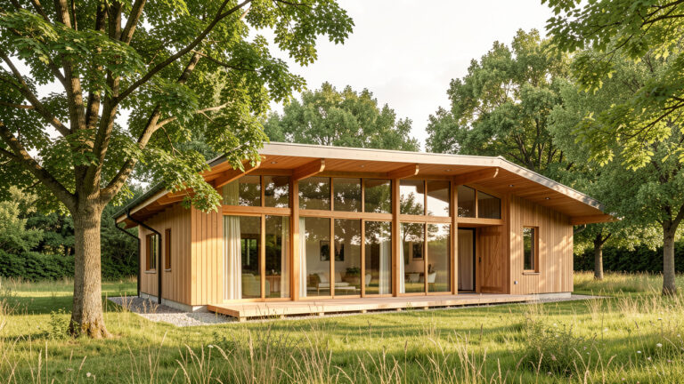 Maison contemporaine à ossature bois dans le Poitou, avec de grandes baies vitrées orientées au sud protégées par un large débord de toiture, entourée d’arbres caducs dans une douce lumière d’été.