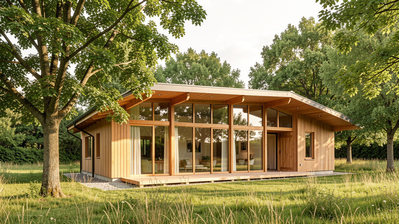 Maison contemporaine à ossature bois dans le Poitou, avec de grandes baies vitrées orientées au sud protégées par un large débord de toiture, entourée d’arbres caducs dans une douce lumière d’été.
