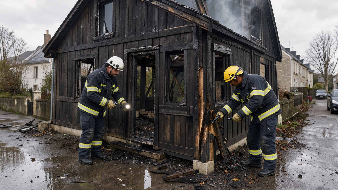 Maison individuelle à ossature bois après un incendie, avec deux pompiers en tenue de protection dans une rue résidentielle française et une légère fumée autour de la façade noircie.